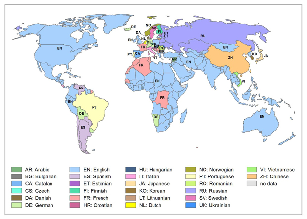 Figure 3. Language with the most geocoded articles by country (across 44 top languages on Wikipedia).