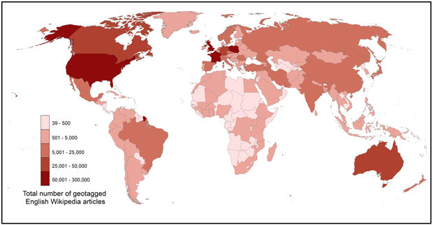 Figure 4. Number of geotagged articles in the English Wikipedia by country.