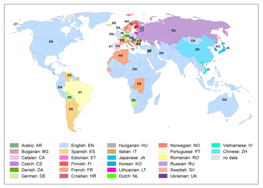 Dominant language of Wikipedia articles (by country). Graham, M., Hogan, B., Straumann, R. K., and Medhat, A. 2014. Uneven Geographies of User-Generated Information: Patterns of Increasing Informational Poverty. Annals of the Association of American Geographers (forthcoming).