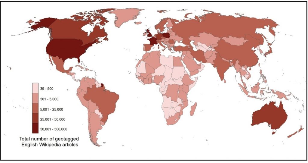 Number of geotagged articles in the English Wikipedia by country. Graham, M., Hogan, B., Straumann, R. K., and Medhat, A. 2014. Uneven Geographies of User-Generated Information: Patterns of Increasing Informational Poverty. Annals of the Association of American Geographers (forthcoming).